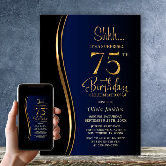 Black Gold Blue Überraschung 75. Geburtstag Einladung