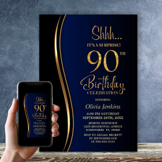 Black Gold Blue Überraschung 90. Geburtstag Einladung