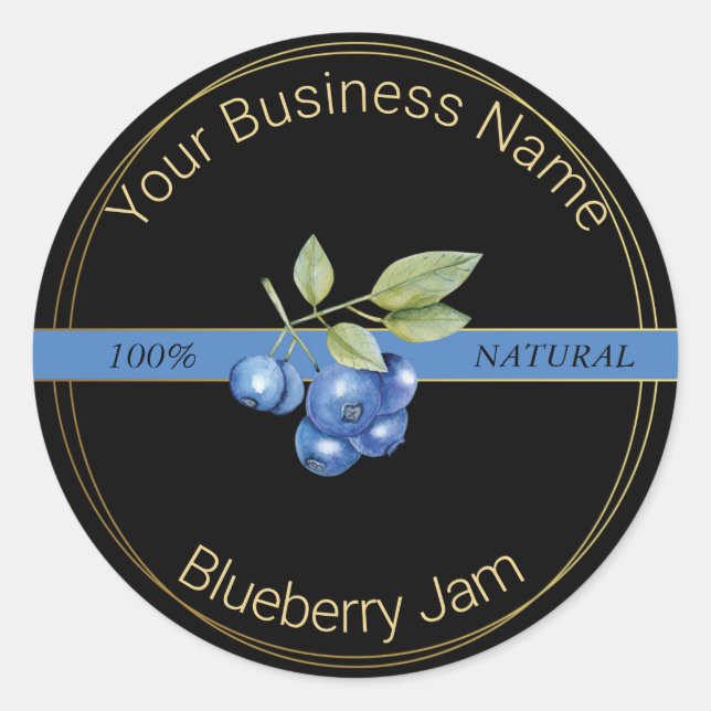 Black & Gold Blueberry Jam Product Label Runder Aufkleber (Vorderseite)