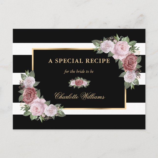 Black Gold Blush Bloral Brautparty Rezept Card Postkarte (Vorderseite)