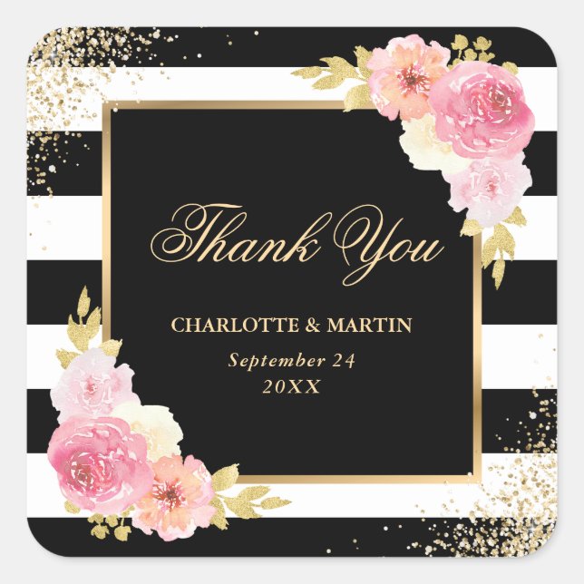 Black Gold Blush Pink Blues Hochzeit Vielen Dank Quadratischer Aufkleber (Vorderseite)