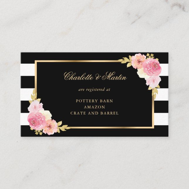 Black Gold Blush Pink Floral Wedding Registry Begleitkarte (Vorderseite)