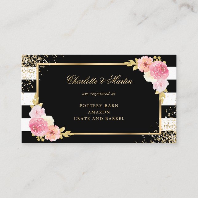 Black Gold Blush Pink Floral Wedding Registry Begleitkarte (Vorderseite)