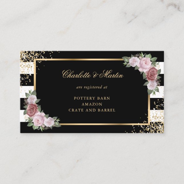 Black Gold Blush Pink Floral Wedding Registry Begleitkarte (Vorderseite)