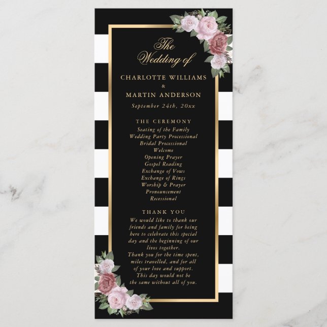 Black Gold Blush rose Floral Programme de mariage (Devant)