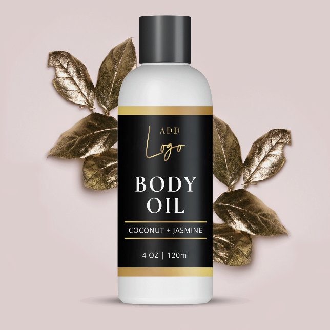 Black & Gold Body Oil 4 OZ Kosmetisches Flaschenet Rechteckiger Aufkleber (Elevate your cosmetic bottles with this black and gold product ingredients sticker)