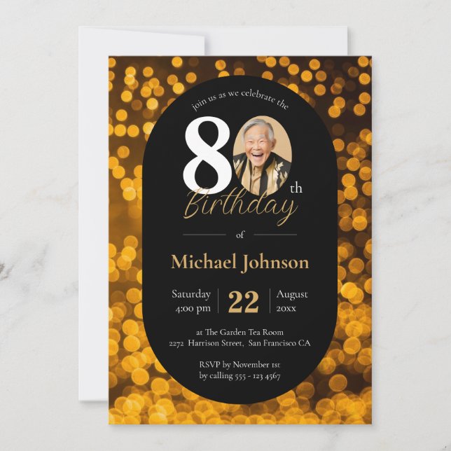 Black Gold Bokeh Photo Invitation d'anniversaire 8 (Devant)