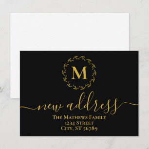 Black Gold Botanic Wreath Monogram New Address Ankündigung