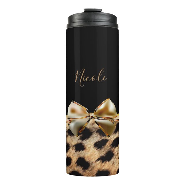 Black & Gold Bow Leopard Cheetah Animal Print Thermosbecher (Vorderseite)