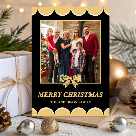 Black & Gold Bow Scalloped Family Christmas Photo Feiertagskarte