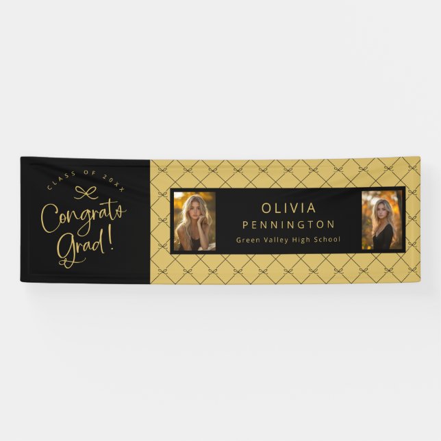 Black Gold Bows 2 Foto Glückwunschs Grad Party Ban Banner (Horizontal)