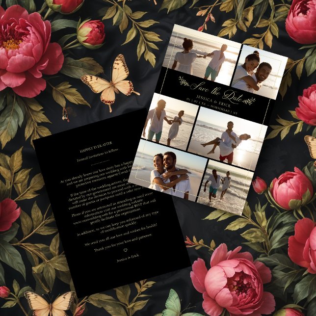 Black Gold Branches Chic Collage 6 Fotos Hochzeit (Chic Black Gold Branches Chic Collage 6 Photos Wedding Save the Dates Cards.)