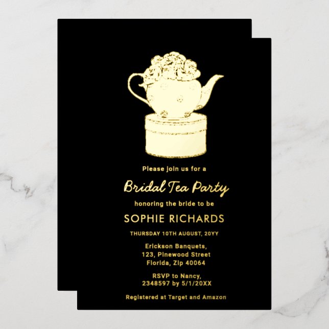 Black Gold Bridal Tee Party Einladung (Vorderseite/Rückseite)