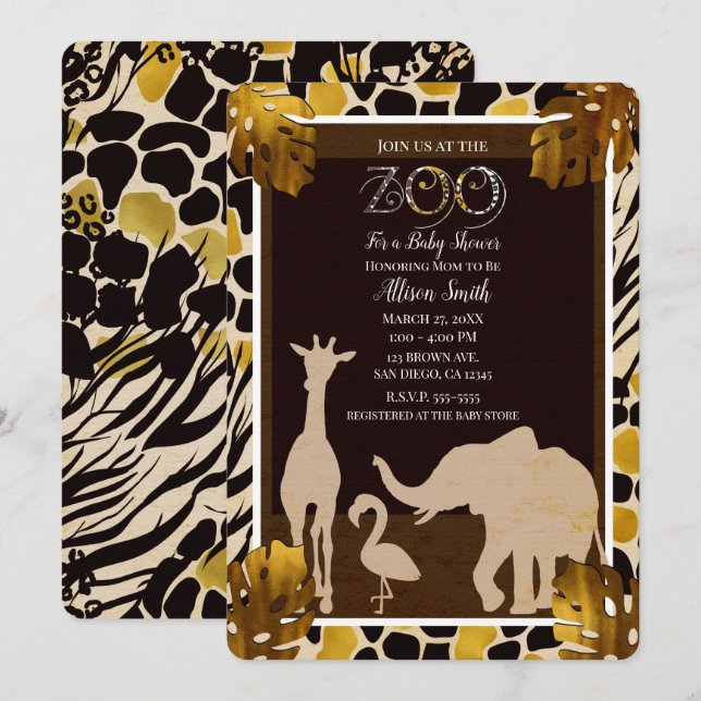 Black Gold Brown Zoanimals Safari Print Party Einladung (Vorne/Hinten)