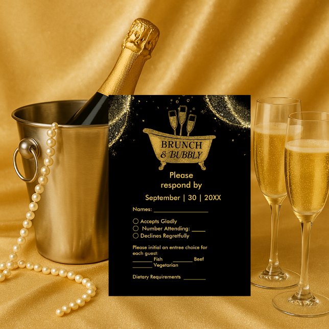 Black Gold Brunch & Bubbly Wedding RSVP Karte (Von Creator hochgeladen)