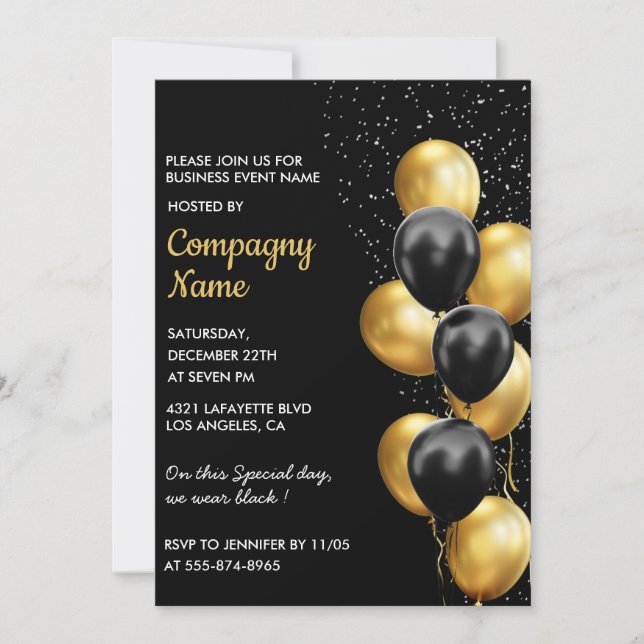 Black Gold Business Party laden Ballon ein Einladung (Vorderseite)