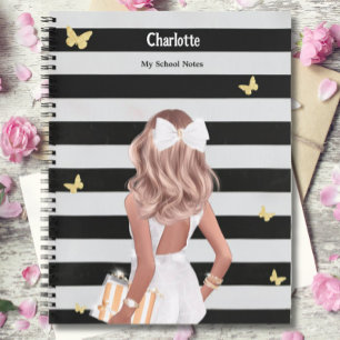 Black Gold Butterfly Blonde Girl Weißes Kleid Notizbuch