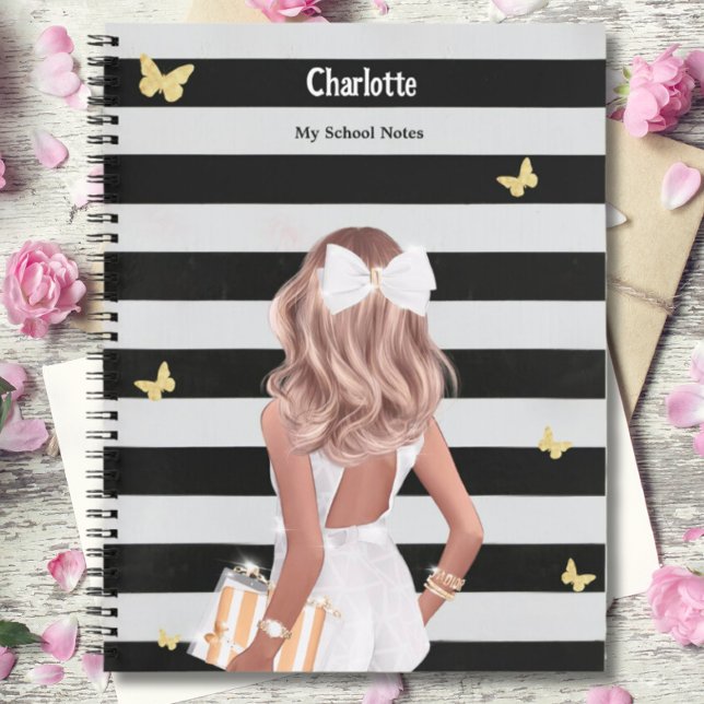 Black Gold Butterfly Blonde Girl Weißes Kleid Notizbuch (Von Creator hochgeladen)