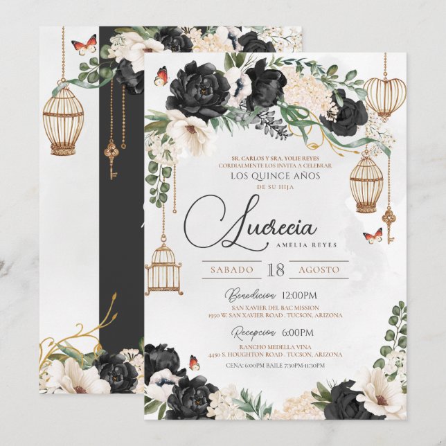 Black & Gold Butterfly Flora Elegantes Quinceañera Einladung (Vorne/Hinten)