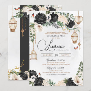 Black & Gold Butterfly Flora Elegantes Quinceañera Einladung