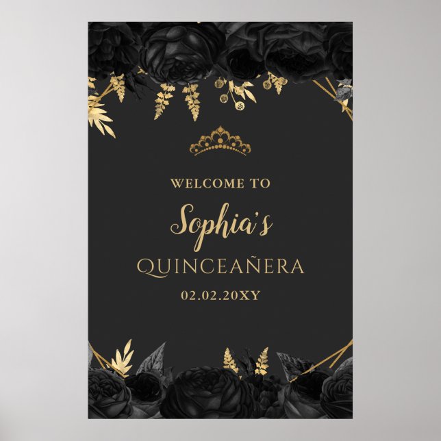 Black Gold Butterfly Quinceañera Begrüßungszeichen Poster (Vorne)
