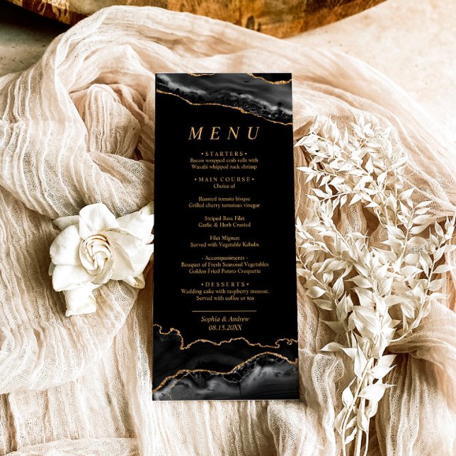 Black & Gold Calligraphy Wedding Menu Menükarte (Von Creator hochgeladen)