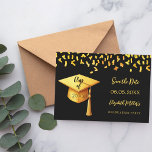 Black Gold Cap Konfetti Graduation Party Save The Date<br><div class="desc">Eine Save the Date Karte für eine Graduiertenparty. vorne: Ein schwarzer Hintergrund,  goldener Text. Vorlagen für Namen und Datum. Der Name und der Text: Save the Date sind mit einem modernen handgeschriebenen Stilskript geschrieben. Mit einem Imitat Goldkappe,  Tassel Topper. Zurück: Einzelheiten zum Party.</div>
