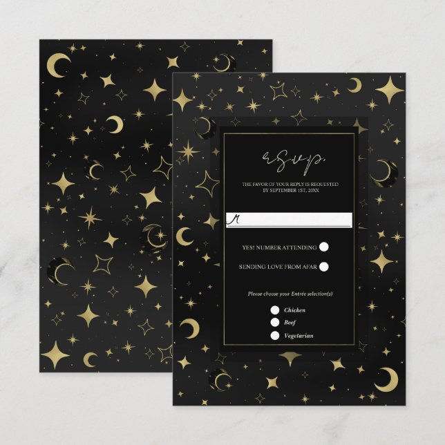 Black & Gold Celestial Lune Stars Mariage RSVP (Devant / Derrière)