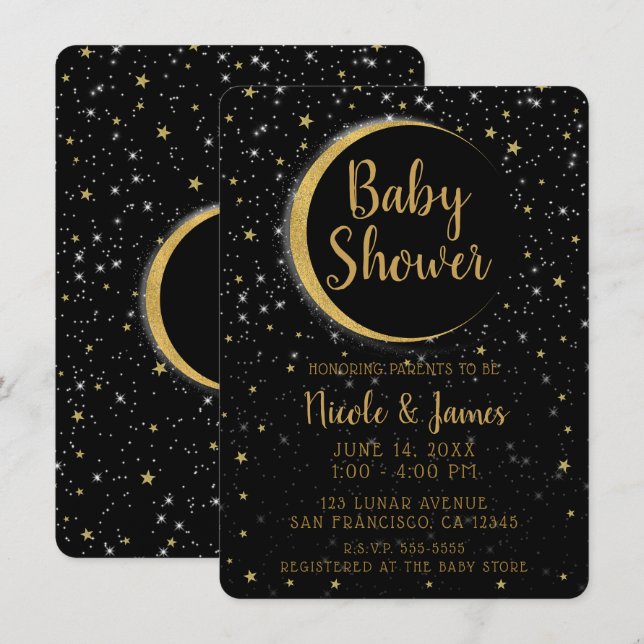 Black Gold Celestial Moon Magic Stars Kinderdusche Einladung (Vorne/Hinten)