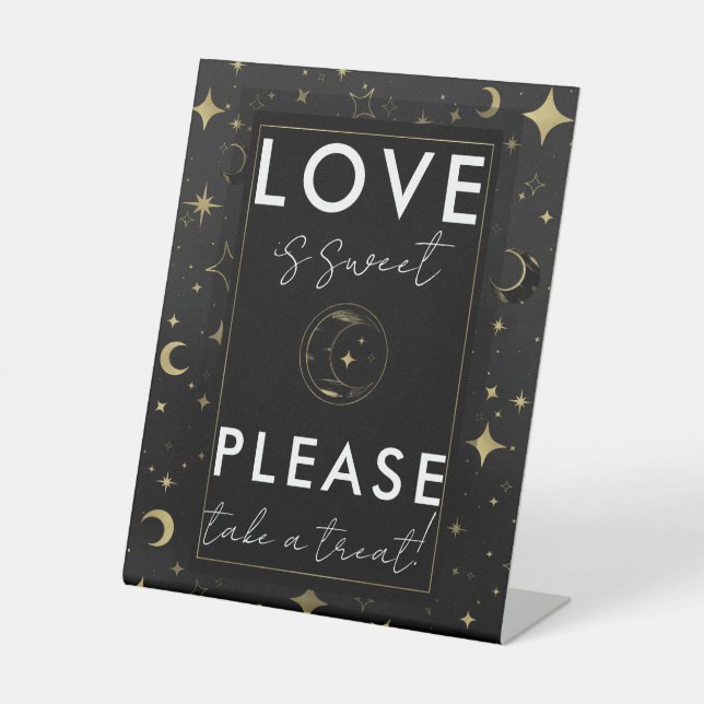 Black & Gold Celestial Moon Stars Hochzeit Leckere Sockelschild (Vorderseite)