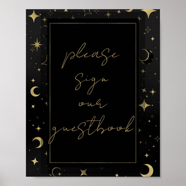 Black & Gold Celestial Moon Stars Hochzeit Poster (Vorne)