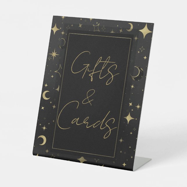Black & Gold Celestial Moon Stars Hochzeit Sockelschild (Vorderseite)