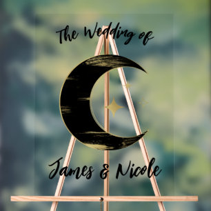 Black & Gold Celestial Moon Stars Hochzeit Willkom Acrylschild