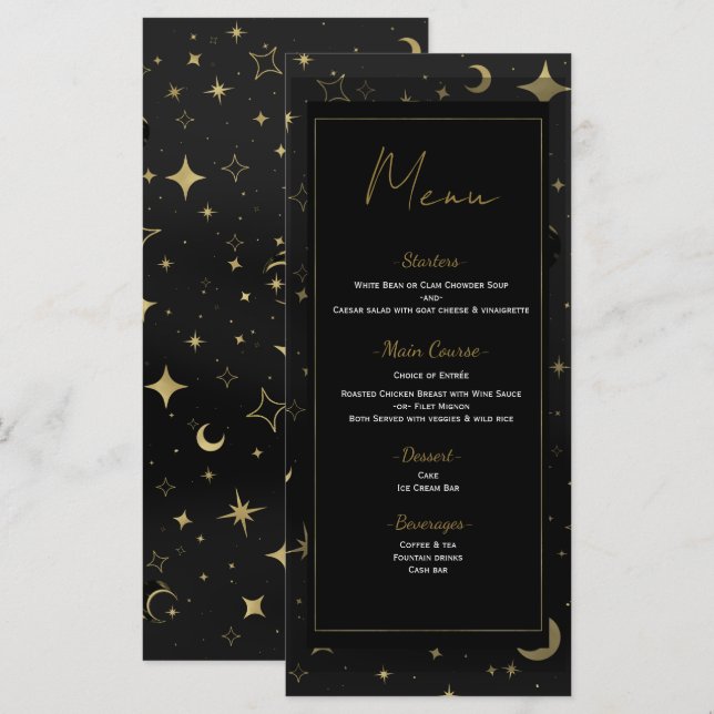 Black & Gold Celestial Moon Stars Hochzeitsmenü Menükarte (Vorne/Hinten)