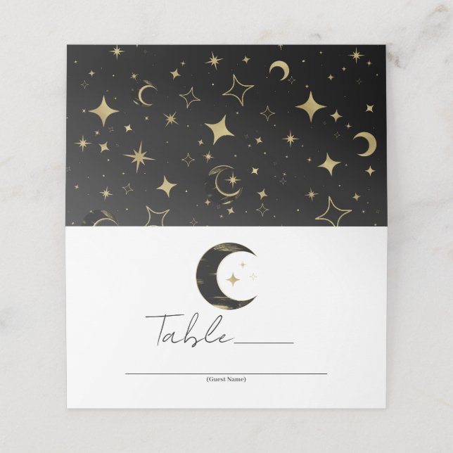 Black & Gold Celestial Moon Stars Hochzeitstisch Platzkarte (Außenseite Aufgefaltet)