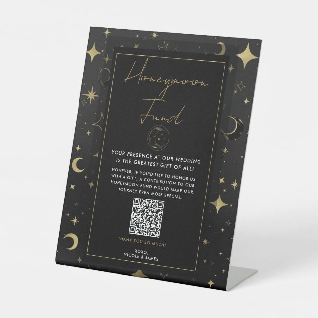 Black & Gold Celestial Moon Stars Honeymoon Fund Sockelschild (Vorderseite)