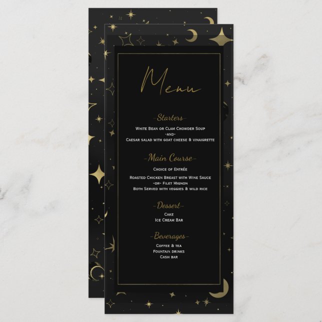 Black & Gold Celestial Moon Stars Menu Mariage (Devant / Derrière)