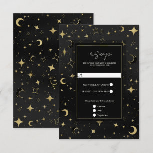 Black & Gold Celestial Moon Stars Wedding RSVP Karte