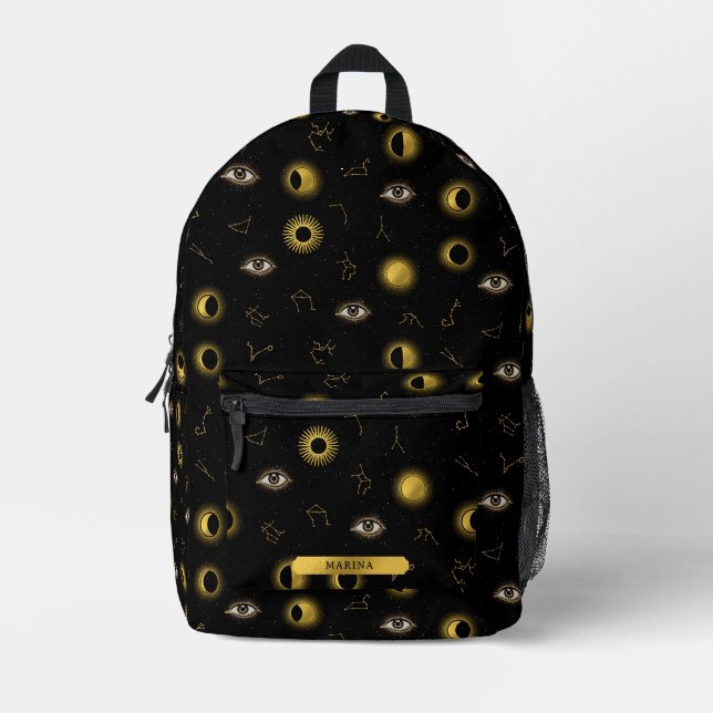 Black Gold Celestial Sun & Moon Zodiac Eye Bedruckter Rucksack (Vorderseite)