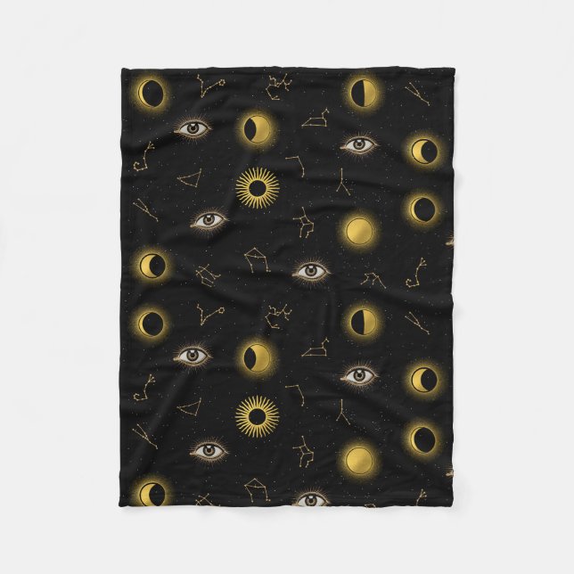 Black Gold Celestial Sun & Moon Zodiac Eye Fleecedecke (Vorderseite)