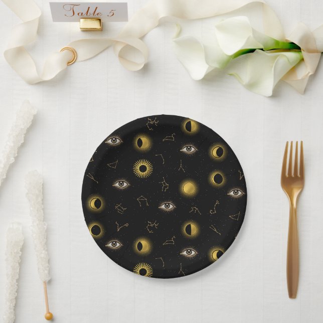 Black Gold Celestial Sun & Moon Zodiac Eye Pappteller (Hochzeit)