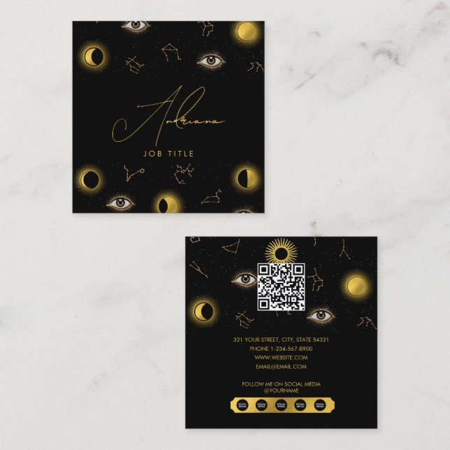 Black Gold Celestial Sun & Moon Zodiac Eye Quadratische Visitenkarte (Vorne/Hinten)