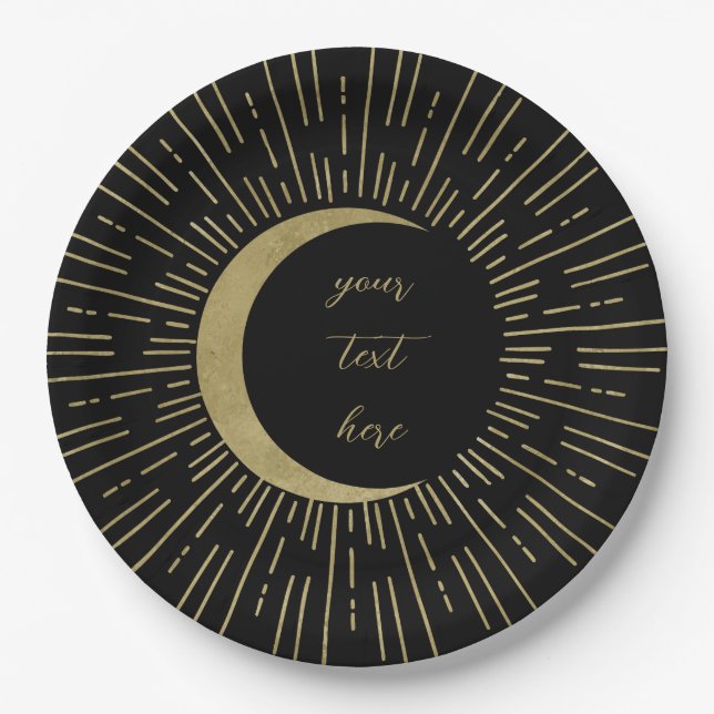 Black & Gold Celestial Sunburst Moon Wedding Pappteller (Vorderseite)