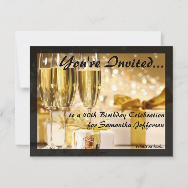 Black Gold Champagne 40. Geburtstag Party Einladung (Vorderseite)