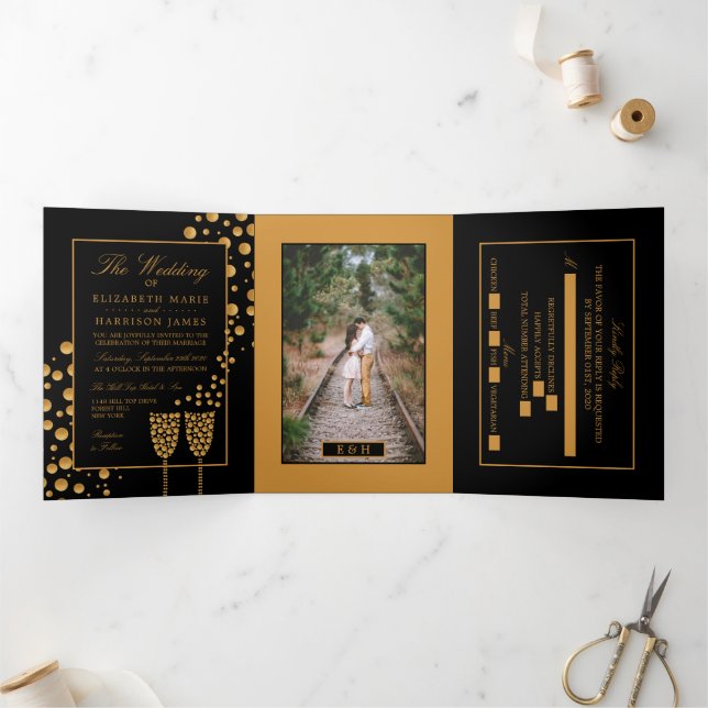 Black & Gold Champagne Bubbles, Hochzeitssuite Dreifach Gefaltete Einladung (Innenseite)