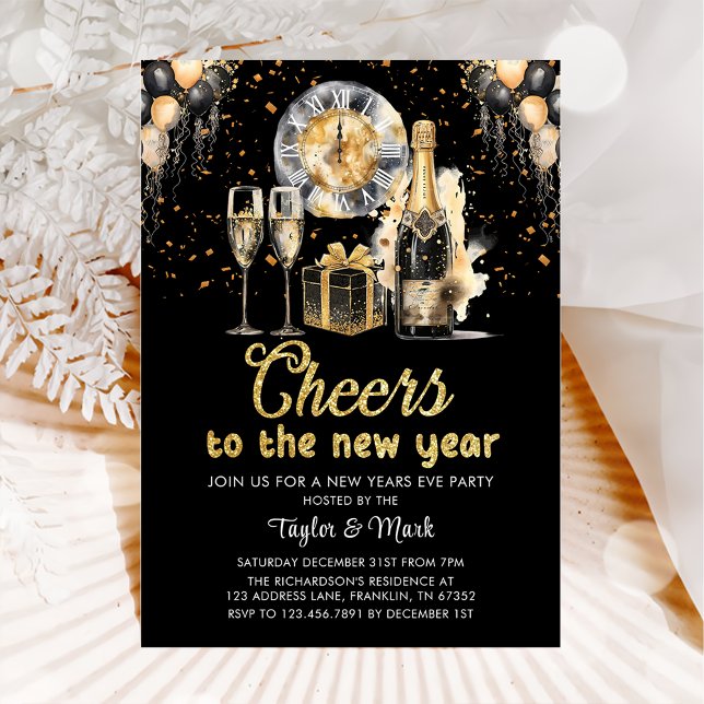 Black Gold Champagne Cheers Silvester Party Einladung (Von Creator hochgeladen)