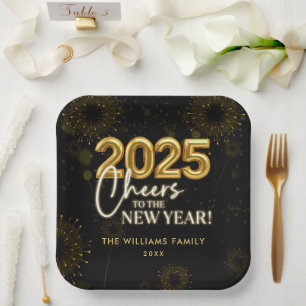 Black Gold Champagne Cheers Silvester Party Pappteller