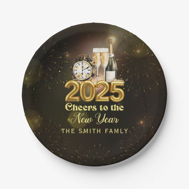 Black Gold Champagne Cheers Silvester Party Pappteller (Vorderseite)