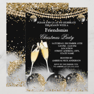 Black Gold Champagne Friendsmas Weihnachts-Party Einladung