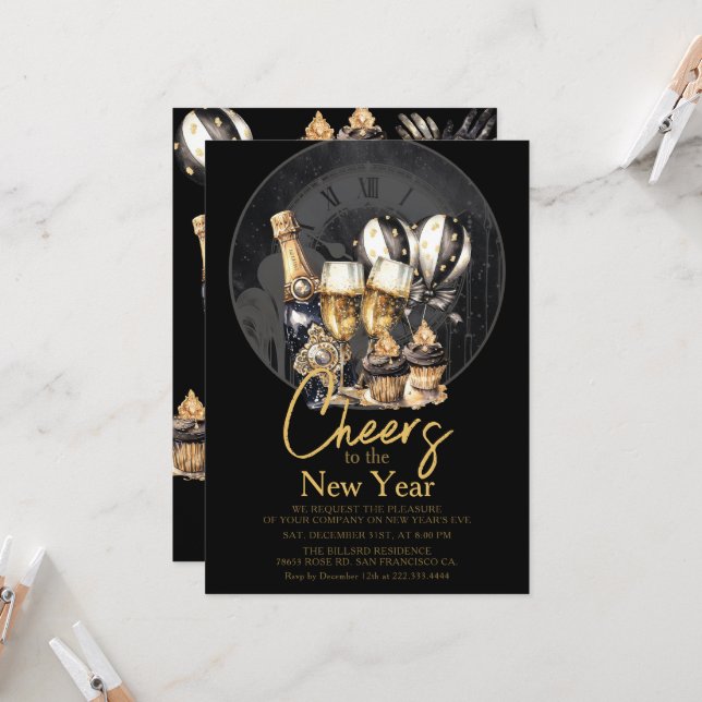 Black Gold Champagne Neujahrsfeier Einladung (Vorderseite/Rückseite Beispiel)